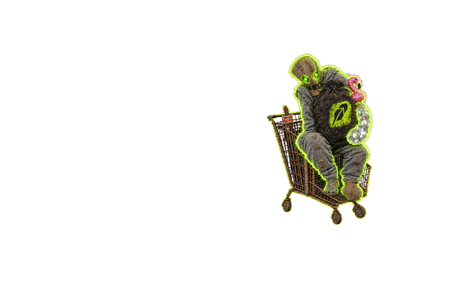 Baghoul, a hunched creature with a burlap sack head and diamond claws, sitting in a rusted shopping trolley in the rings of Saturn, clutching a sack with the Robinhood Chain feather